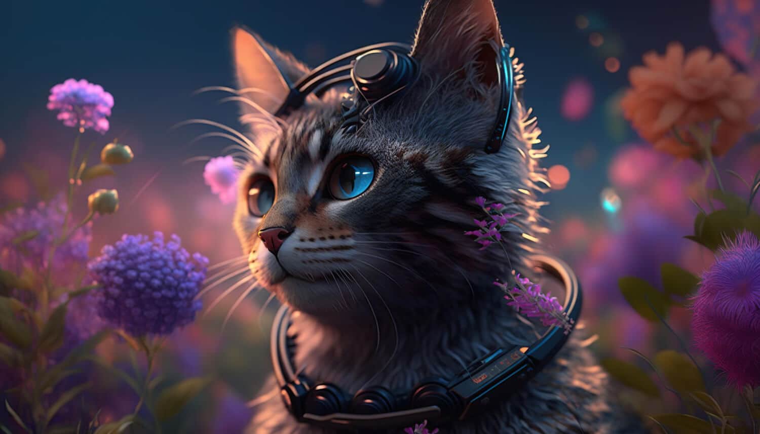 Cyber Cat With Giant Electro Flowers Sunrise Generative Ai 1 