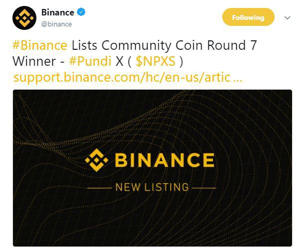 Anuncio de Binance en la página de Twitter |  Fuente: Twitter