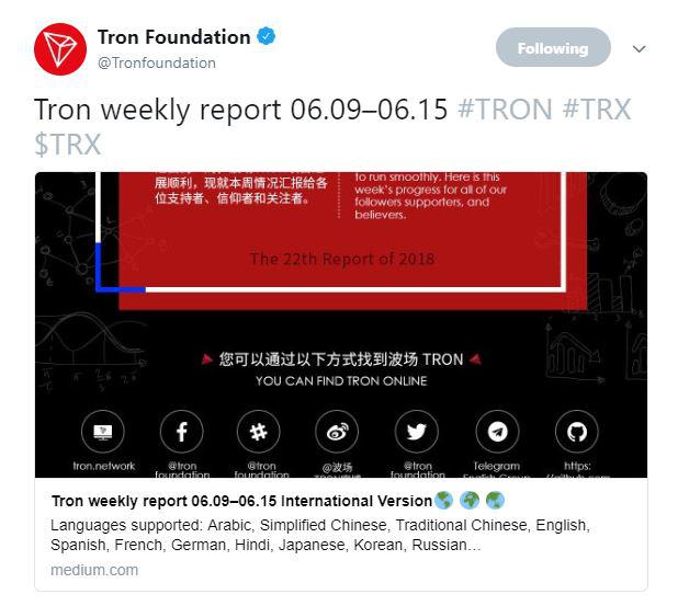 El Tweet de la Fundación Tron |  Fuente: Twitter