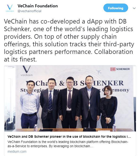 VeChain's Tweet on their official page. Source: Twitter.