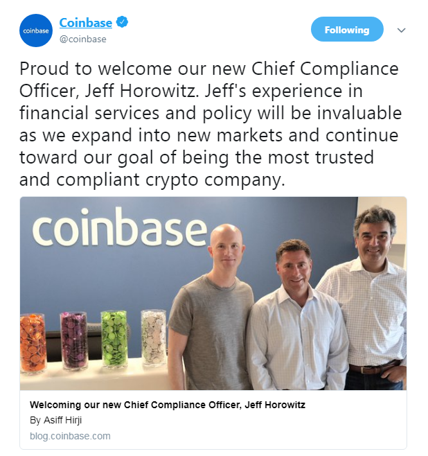 Coinbase's official Twitter announcement welcoming Jeff Horowitz | Source: Twitter