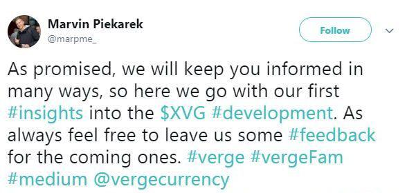 El tweet de Marvin Piekarek sobre el desarrollo de Verge |  Fuente: Twitter