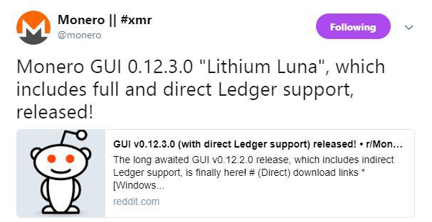 Tweet de Monero sobre la versión de GUI 0.12.3.0 "Lithium Luna" |  Fuente: Twitter