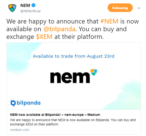 Anuncio oficial de NEM [XEM] |  Fuente: Twitter