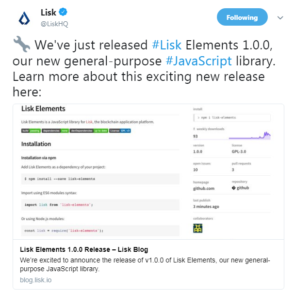 Anuncio oficial de Lisk [LSK] |  Fuente: Twitter