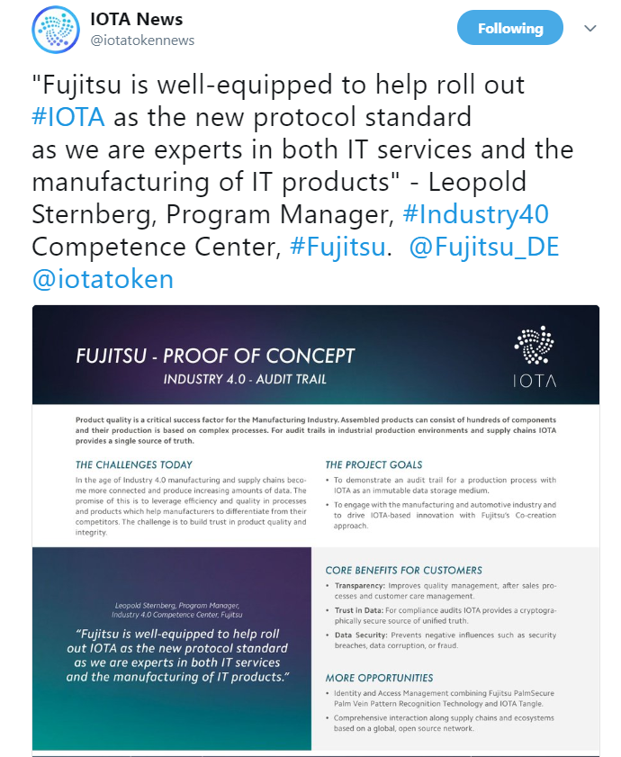 Fujitsu uses IOTA | Source: Twitter