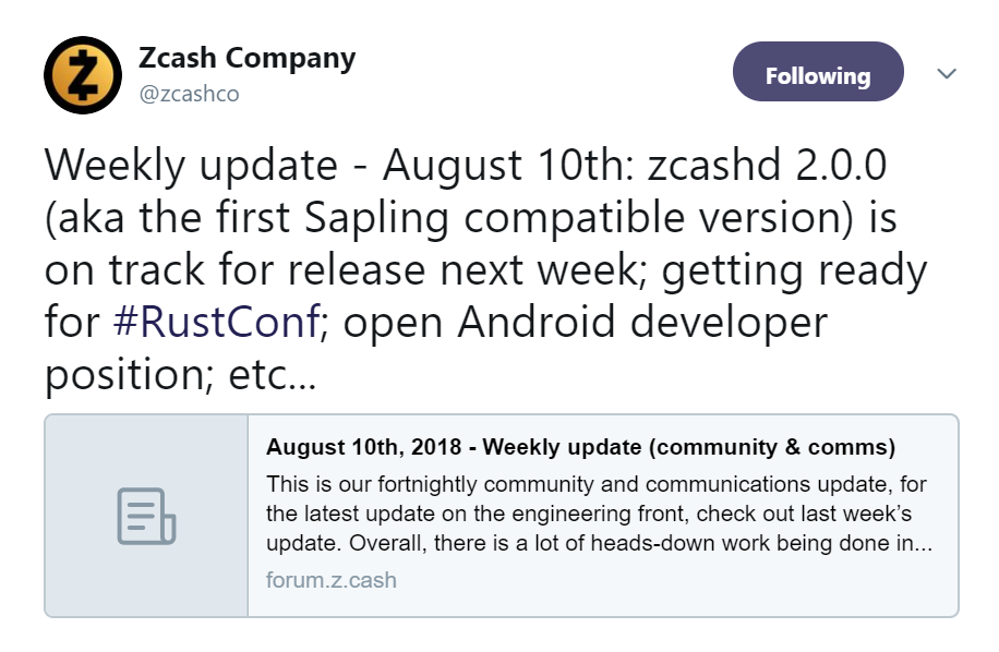 Обновления еженедельника Zcash | Источник: Twitter