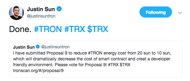 Justin Sun's Tweet on the proposal Source: Twitter