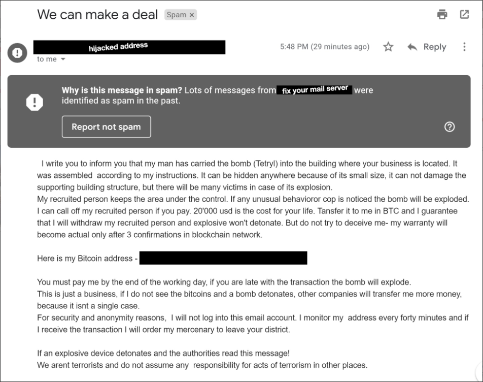 Bitcoin bomb email sent to the United States Source: Twitter