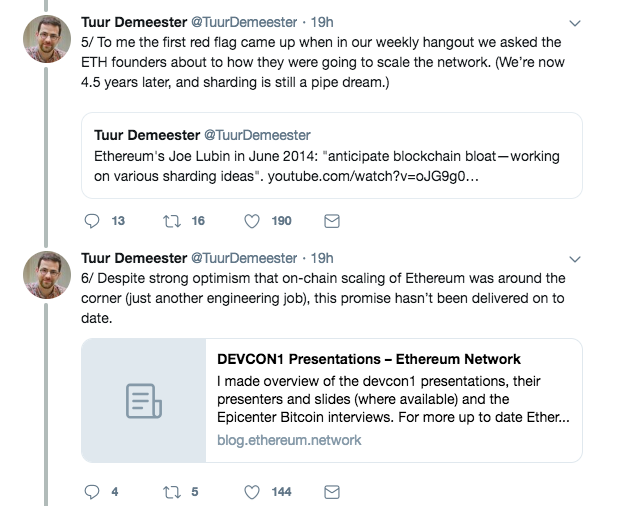 Comentarios de Tuur Demeester sobre la escalabilidad de Ethereum | Fuente: Twitter