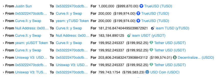 Etherscan transaction of Tron's deposit into its reserves
