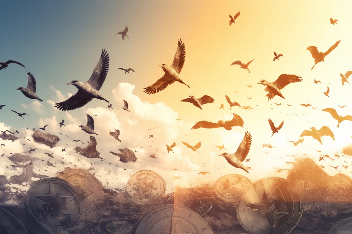 A flock of birds with the Bitcoin logo, symbolizing the soaring user base of Bitcoin as new users flock to the crypto frontier. The birds fly in unison, representing the collective growth and adoption of Bitcoin. In the background, the crypto frontier unfolds with various symbols representing the digital landscape. The scene conveys a sense of expansion and exploration, utilizing vibrant colors and visual elements to emphasize the significant increase in Bitcoin's user base and the growing interest of new users in joining the crypto revolution, painting a picture of a vibrant and expanding community.