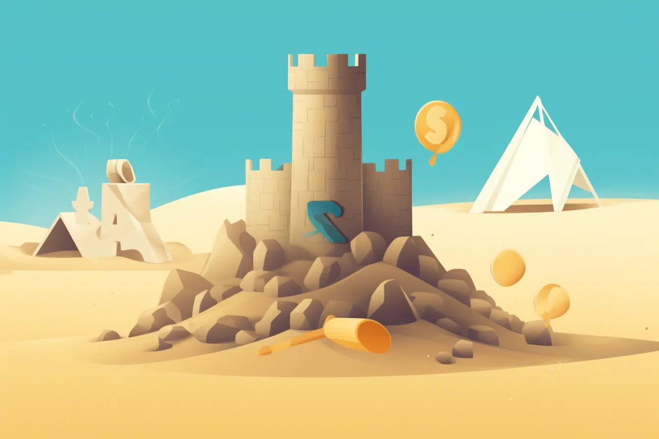 A sandcastle with The Sandbox logo, symbolizing the holders facing losses, while a magnifying glass hones in on the introduction of staking KYC. The sandcastle starts to crumble, representing the losses experienced by holders. In the background, symbols of KYC and staking highlight the introduced process. The scene conveys a sense of concern and scrutiny, utilizing contrasting colors and visual elements to emphasize the impact of the introduction of staking KYC on The Sandbox holders and the discussions within the cryptocurrency community about the potential reasons behind the losses and the implications of KYC on user participation and security measures within the platform.