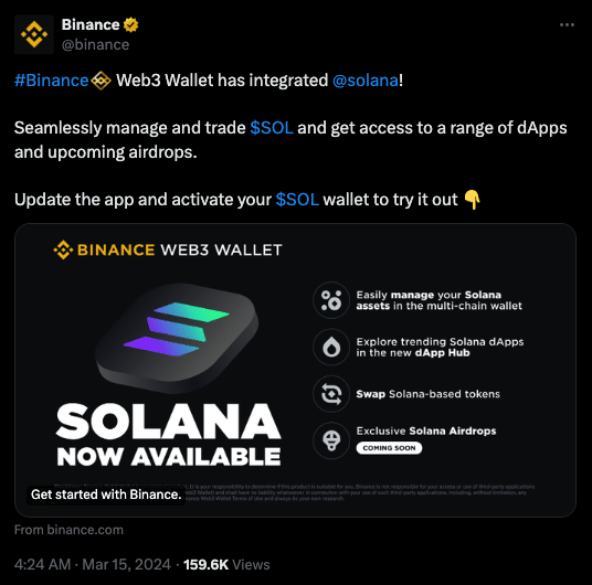 Binance annoucing its integration with Solana
