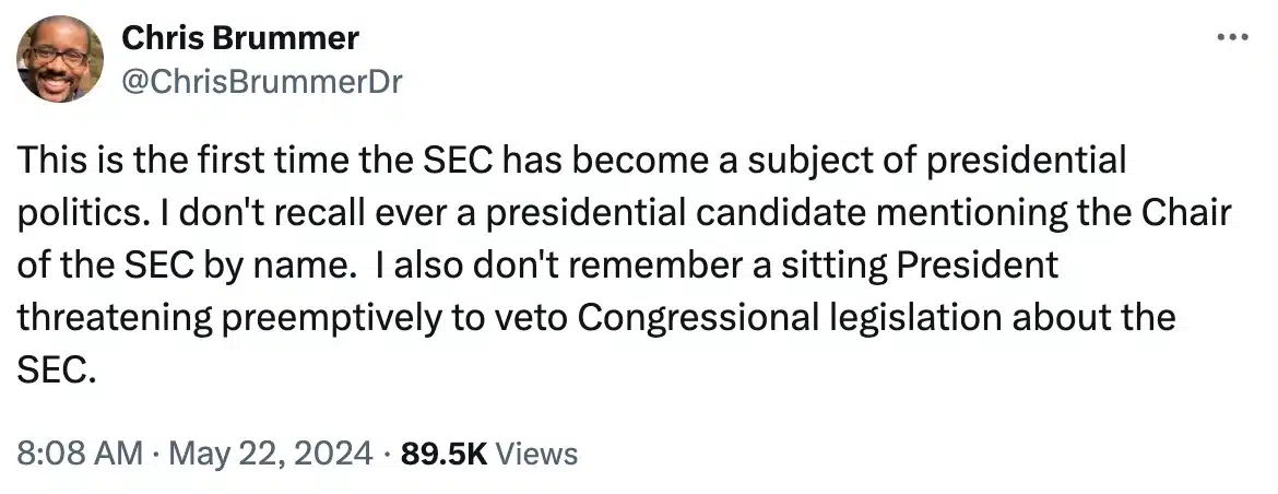 El tweet de Brummer sobre la SEC