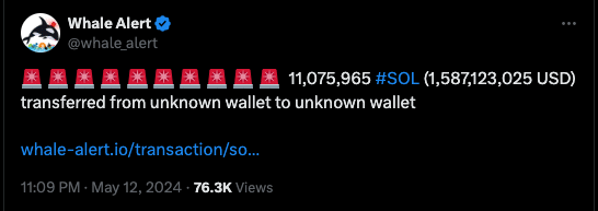 Una ballena envía 11 millones de tokens SOL a su billetera