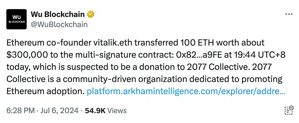 A transferência de 100 Ethereum por Vitalik Buterin levantou sobrancelhas: o que vem a seguir?