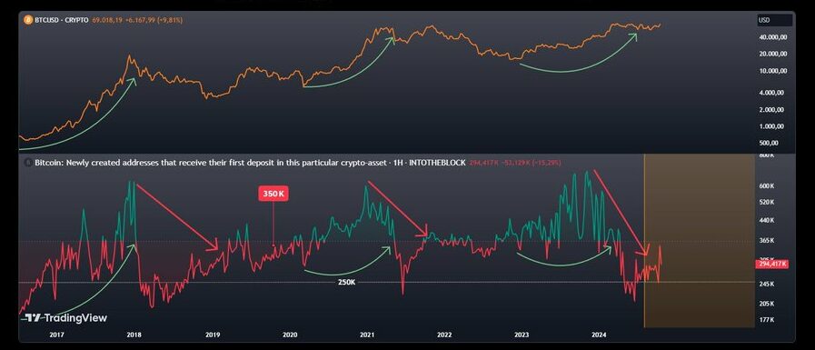 Биткойн: почему 350 тысяч новых адресов имеют решающее значение для роста BTC до 70 тысяч долларов