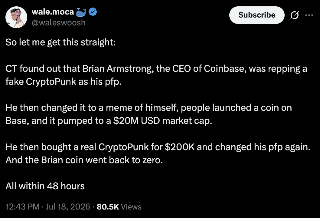 Brian Armstrong was repping a fake CryptoPunk as his pfp.