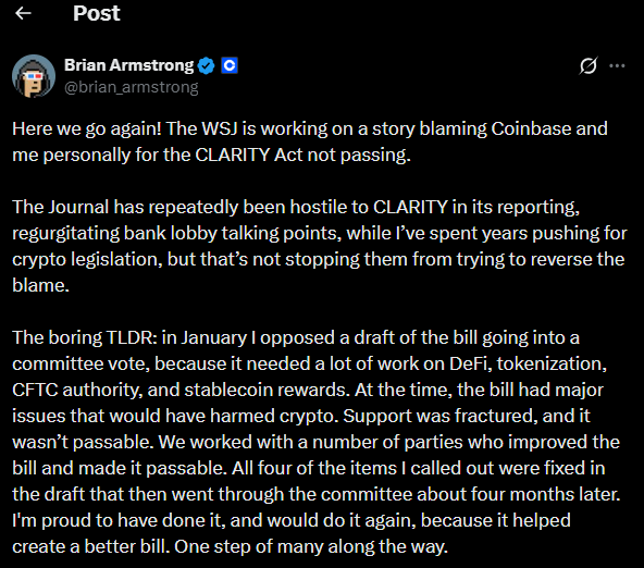 Coinbase CEO Clarity Act