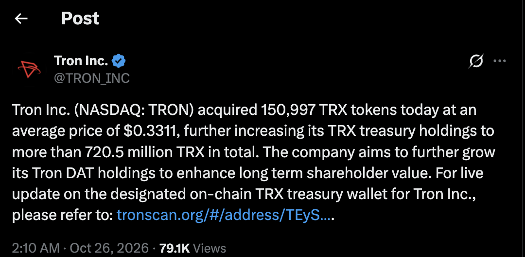 Tron Inc TRX purchase announcement